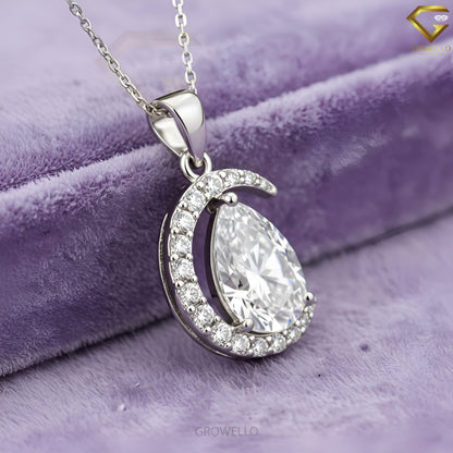 5CT Pear Cut Vintage Crescent Halo Pendant Necklace, Asymmetrical Wrap, Solid Gold, Lab-Grown Diamond or Moissanite