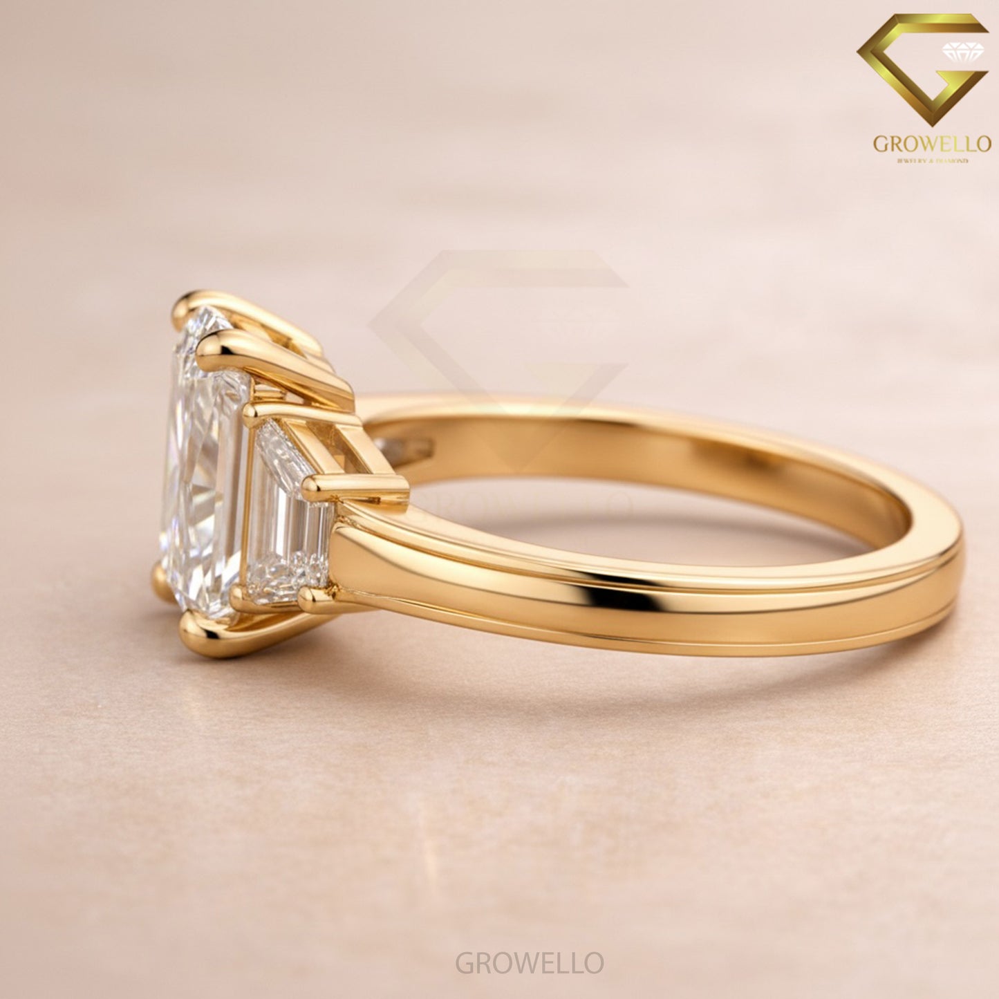 3 CT Radiant Cut Trapezoid Side Stone Engagement Ring, Solid Gold, IGI Lab Diamond or Moissanite