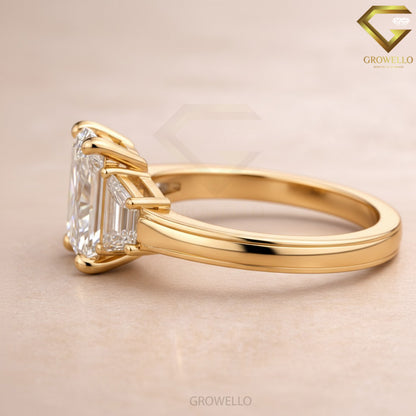3 CT Radiant Cut Trapezoid Side Stone Engagement Ring, Solid Gold, IGI Lab Diamond or Moissanite