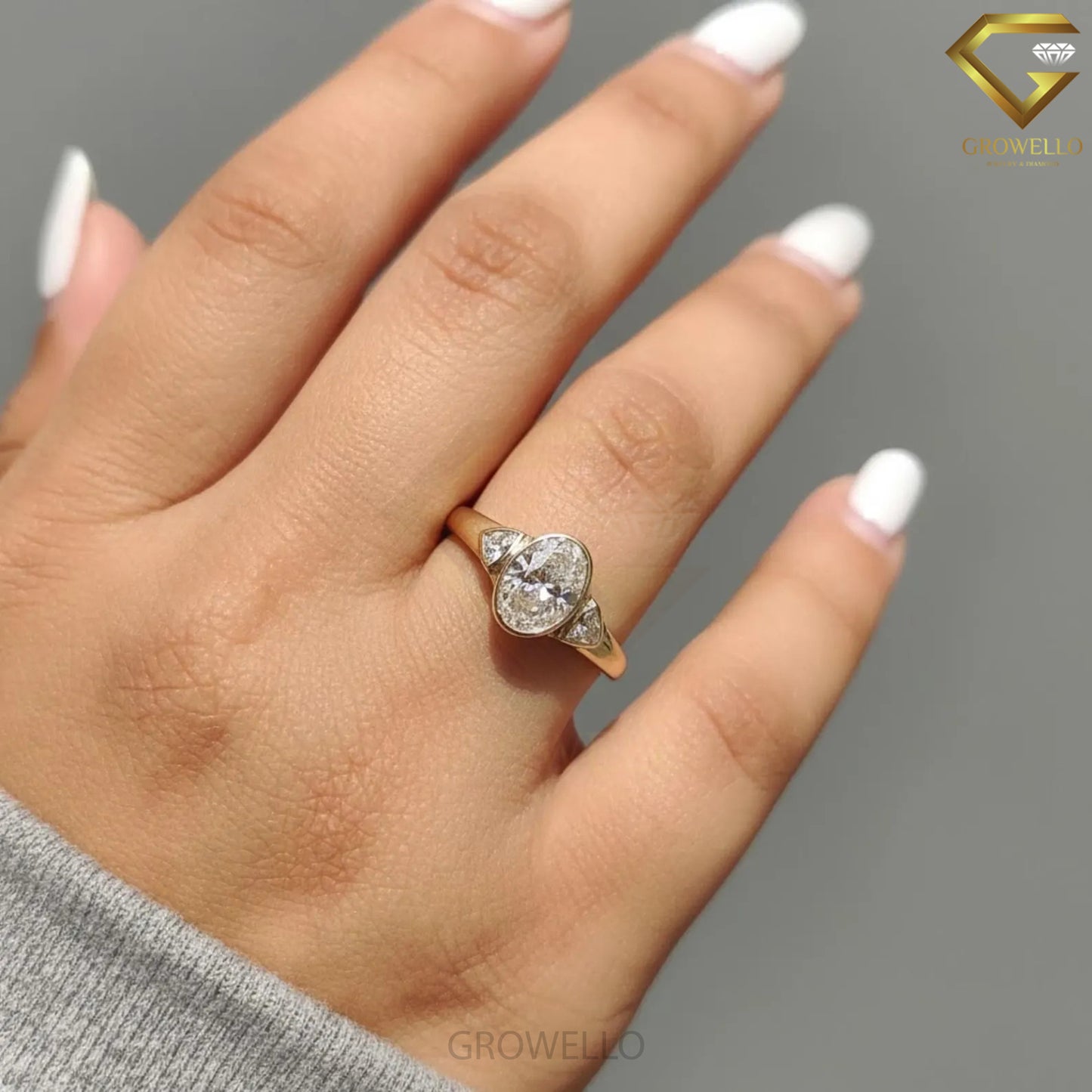 3CT Oval Three Stone Engagement Ring, Trillion Side Diamonds, Bezel Set, Solid Gold, Lab Grown Diamond or Moissanite