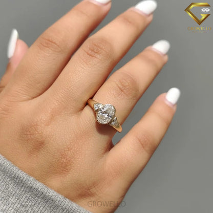 3CT Oval Three Stone Engagement Ring, Trillion Side Diamonds, Bezel Set, Solid Gold, Lab Grown Diamond or Moissanite