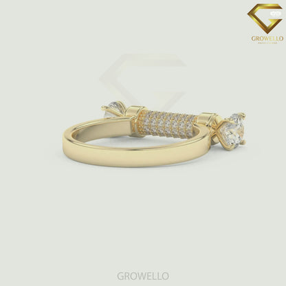 Toi et Moi Round Stone Pavé Bar Engagement Band, Solid Gold, Lab Grown Diamond or Moissanite