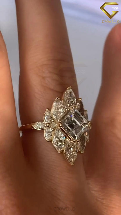 3CT Asscher Halo Engagement Ring, Vintage Marquise Cluster, Solid Gold, Lab Grown Diamond or Moissanite