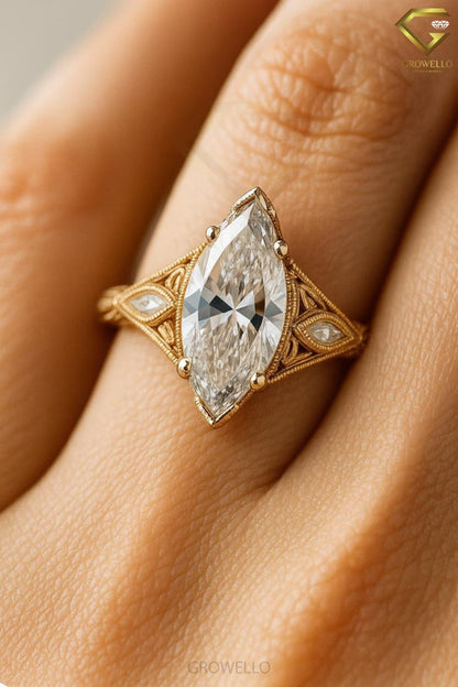 3 CT Marquise Vintage Filigree Engagement Ring, Art Deco Antique Style, Solid Gold, Lab Diamond or Moissanite
