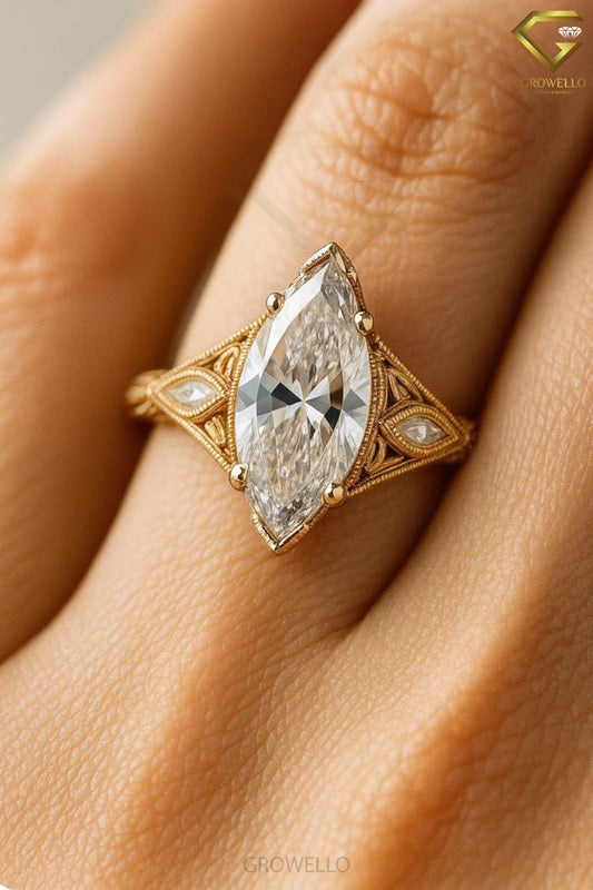 3 CT Marquise Vintage Filigree Engagement Ring, Art Deco Antique Style, Solid Gold, Lab Diamond or Moissanite