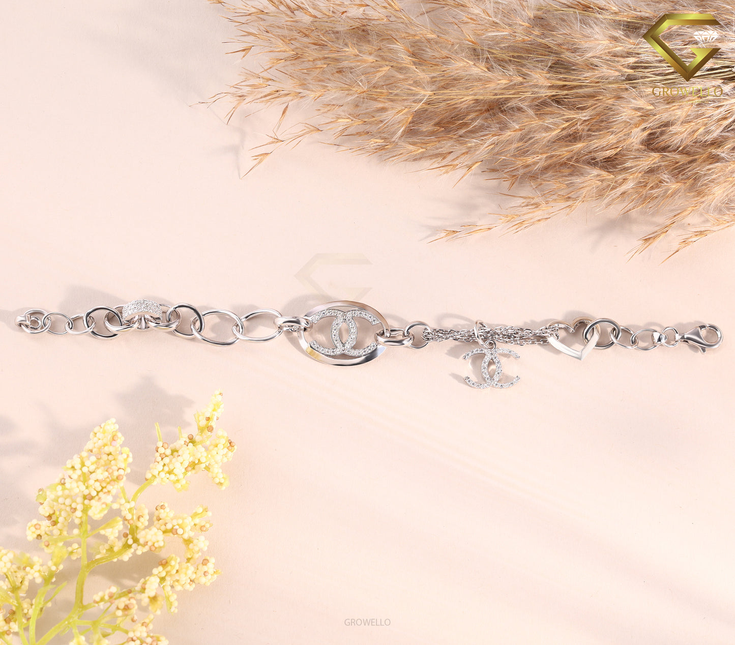 Luxury CC Style Diamond Bracelet, Chunky Chain Charm, Solid Gold, Lab Grown or Moissanite