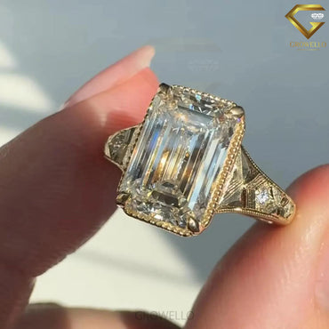 5 CT Emerald Cut Vintage Engraved Engagement Ring, Antique Style, Lab Diamond or Moissanite