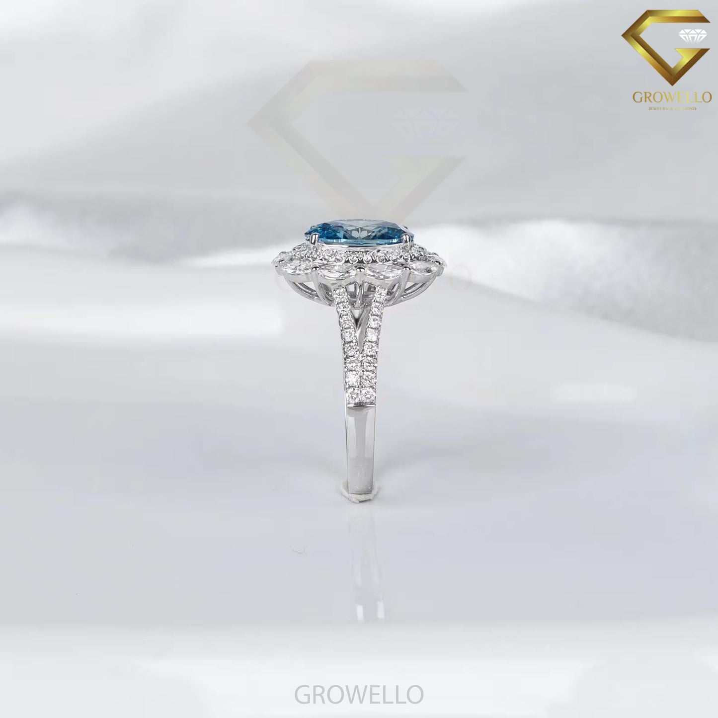 3CT Blue Oval Halo Engagement Ring, Marquise Floral Cluster, Split Pavé Band, Lab Diamond or Moissanite