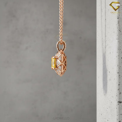 2CT Yellow Princess Cut Starburst Halo Pendant, Art Deco Geometric Necklace, Solid Gold, Lab-Grown Diamond or Moissanite