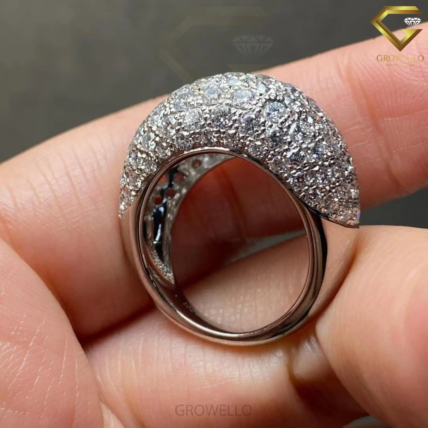 Pave Diamond Dome Engagement Ring, Wide Band, Solid Gold, Lab Grown or Moissanite Diamond