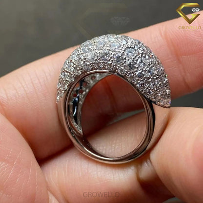 Pave Diamond Dome Engagement Ring, Wide Band, Solid Gold, Lab Grown or Moissanite Diamond