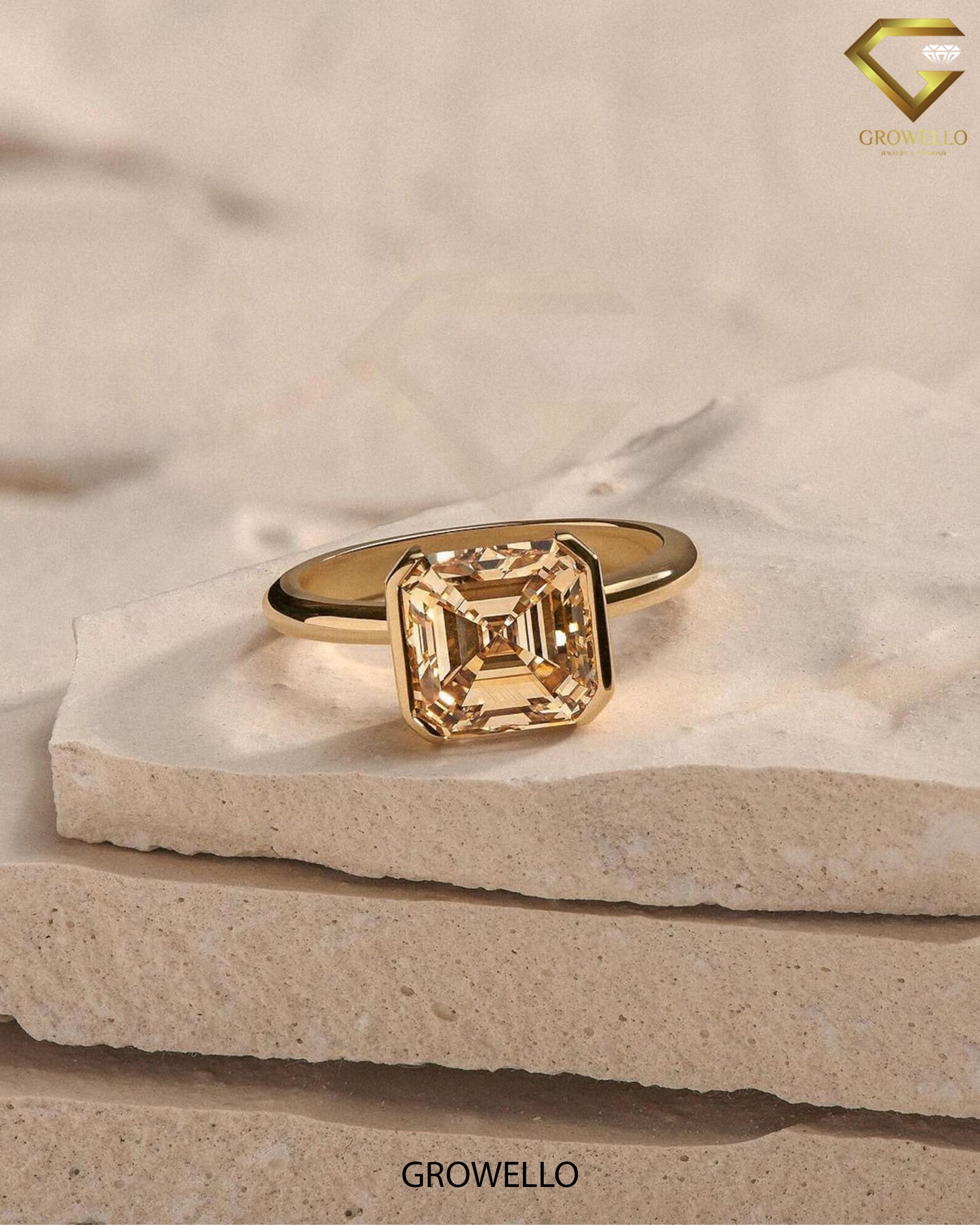 4CT Vintage Champagne Asscher Cut Engagement Ring, Half-Bezel, Lab Grown Diamond/Moissanite, Solid Gold