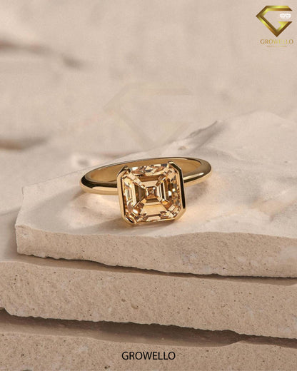 4CT Vintage Champagne Asscher Cut Engagement Ring, Half-Bezel, Lab Grown Diamond/Moissanite, Solid Gold