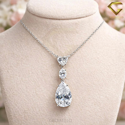Heart Oval Pear Drop Necklace, 3 Stone Pendant, Solid Gold, Lab Grown Diamond or Moissanite