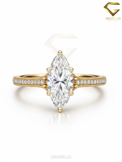 3 CT Marquise Engagement Ring, Vintage Milgrain, Solid Gold, IGI Lab Diamond or Moissanite