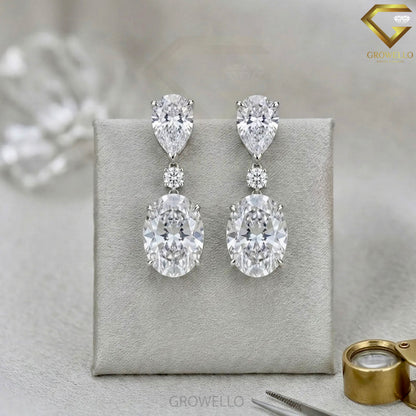 5 CT Oval Drop Earrings, Pear Round Three Stone, Solid Gold, Lab Grown Diamond or Moissanite