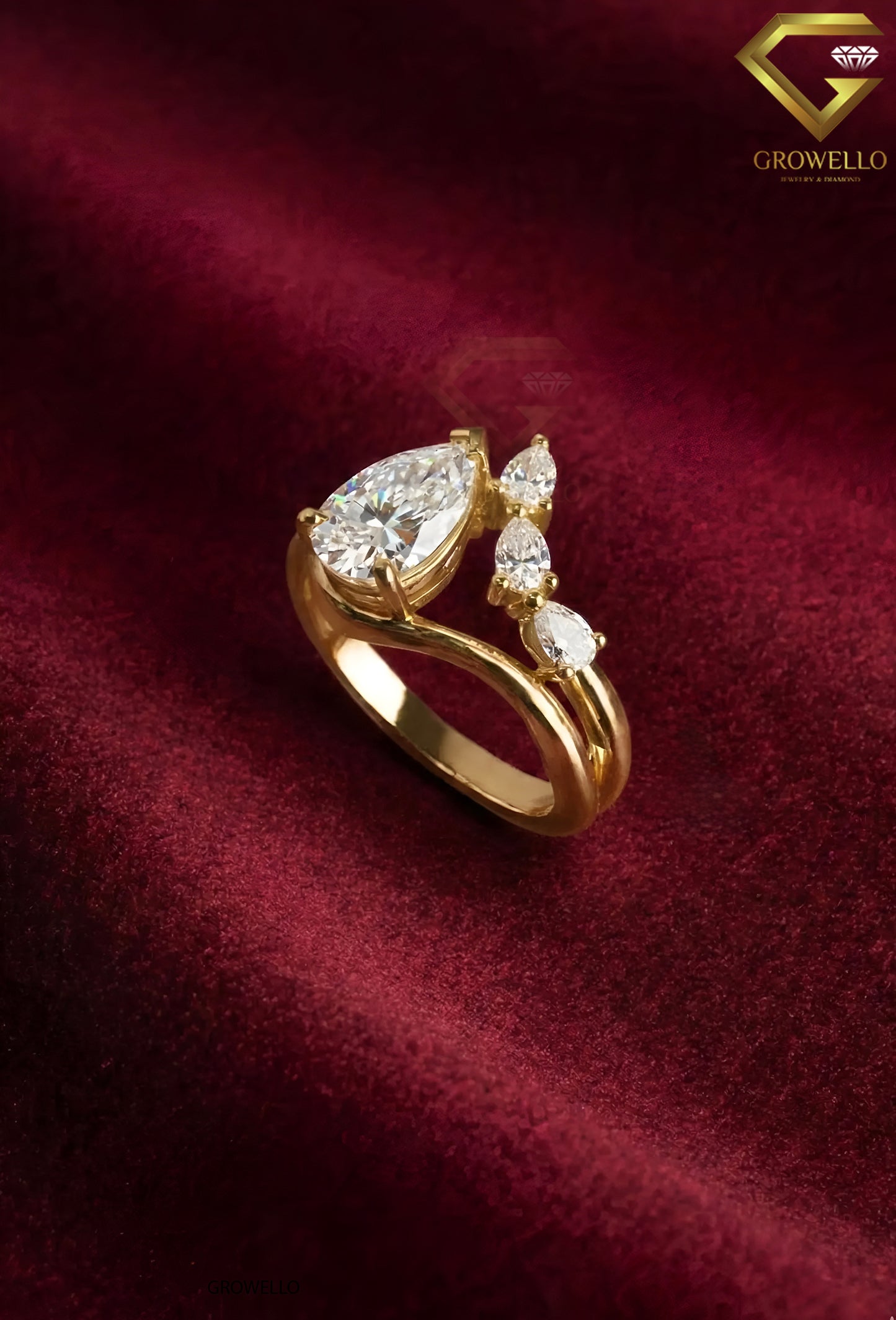 2 CT Pear Bypass Engagement Ring, 3 Stone Cluster, Solid Gold, IGI Lab Diamond/Moissanite