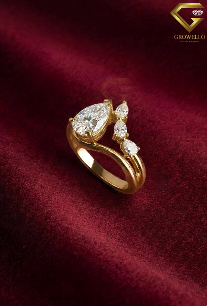 2 CT Pear Bypass Engagement Ring, 3 Stone Cluster, Solid Gold, IGI Lab Diamond/Moissanite