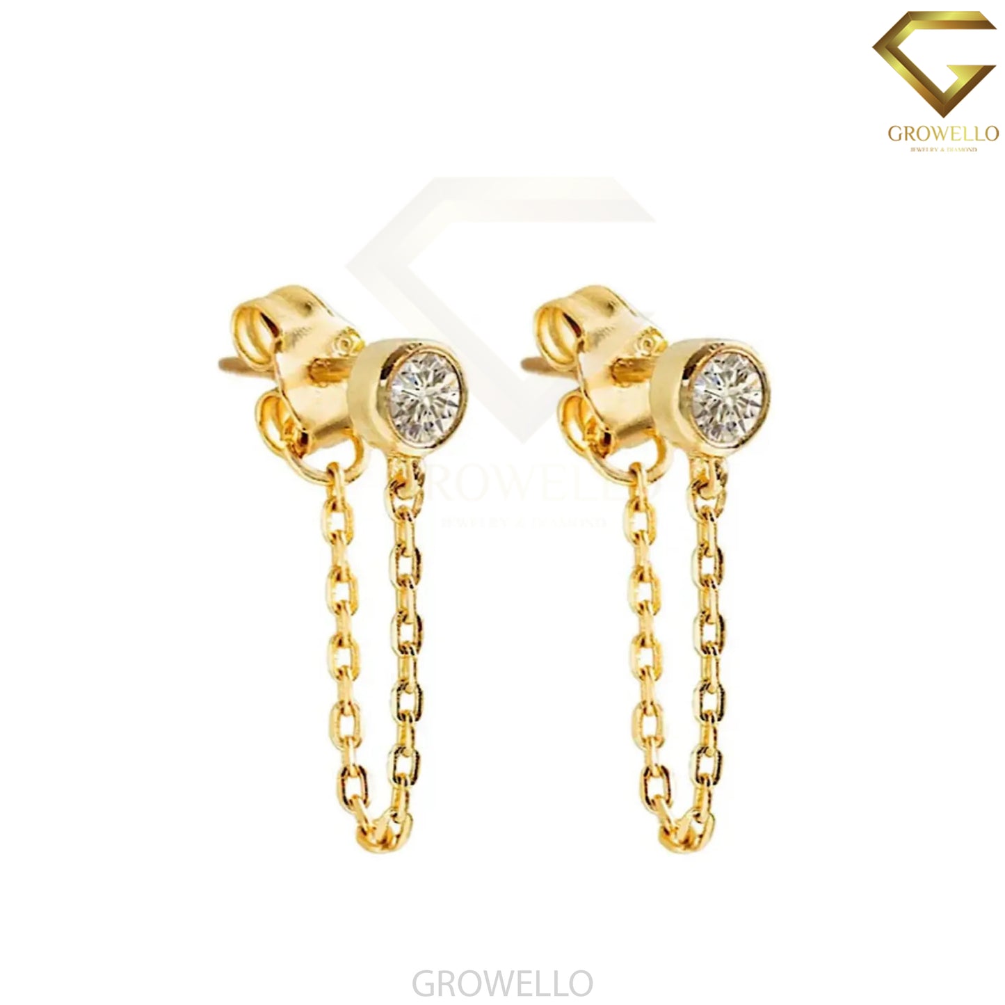 Round Bezel Diamond Chain Drop Earrings, Dainty Solid Gold Studs, Lab-Grown Diamond or Moissanite
