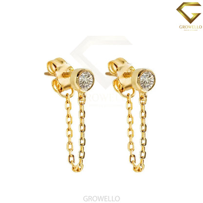 Round Bezel Diamond Chain Drop Earrings, Dainty Solid Gold Studs, Lab-Grown Diamond or Moissanite