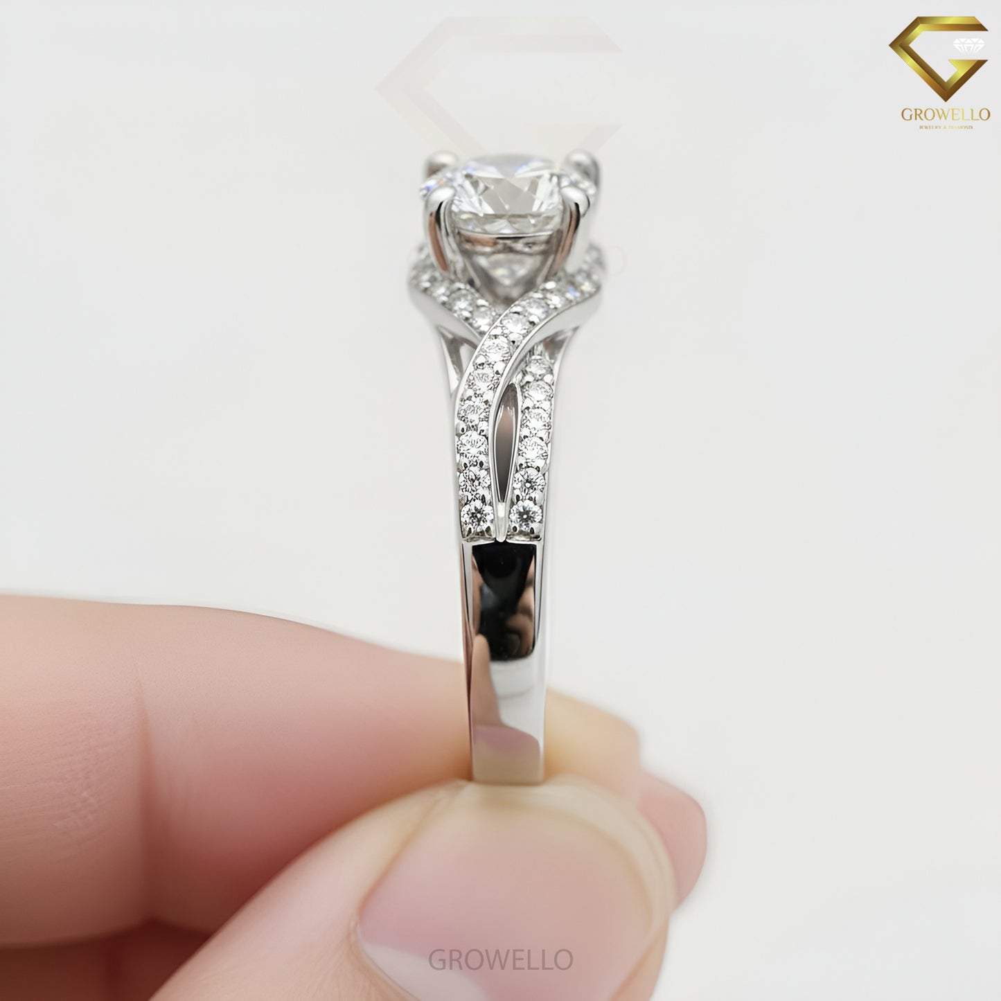 2CT Round Crossover Engagement Ring, Pavé Twisted Band, Solid Gold, Lab-Grown Diamond or Moissanite