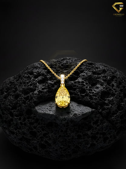 5CT Yellow Pear Diamond Pendant Necklace, Vintage Drop, Solid Gold, Lab Grown Diamond or Moissanite