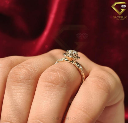 Rose Flower Diamond Engagement Ring, Floral Leaf Vine Botanical Design, IGI Lab Diamond or Moissanite