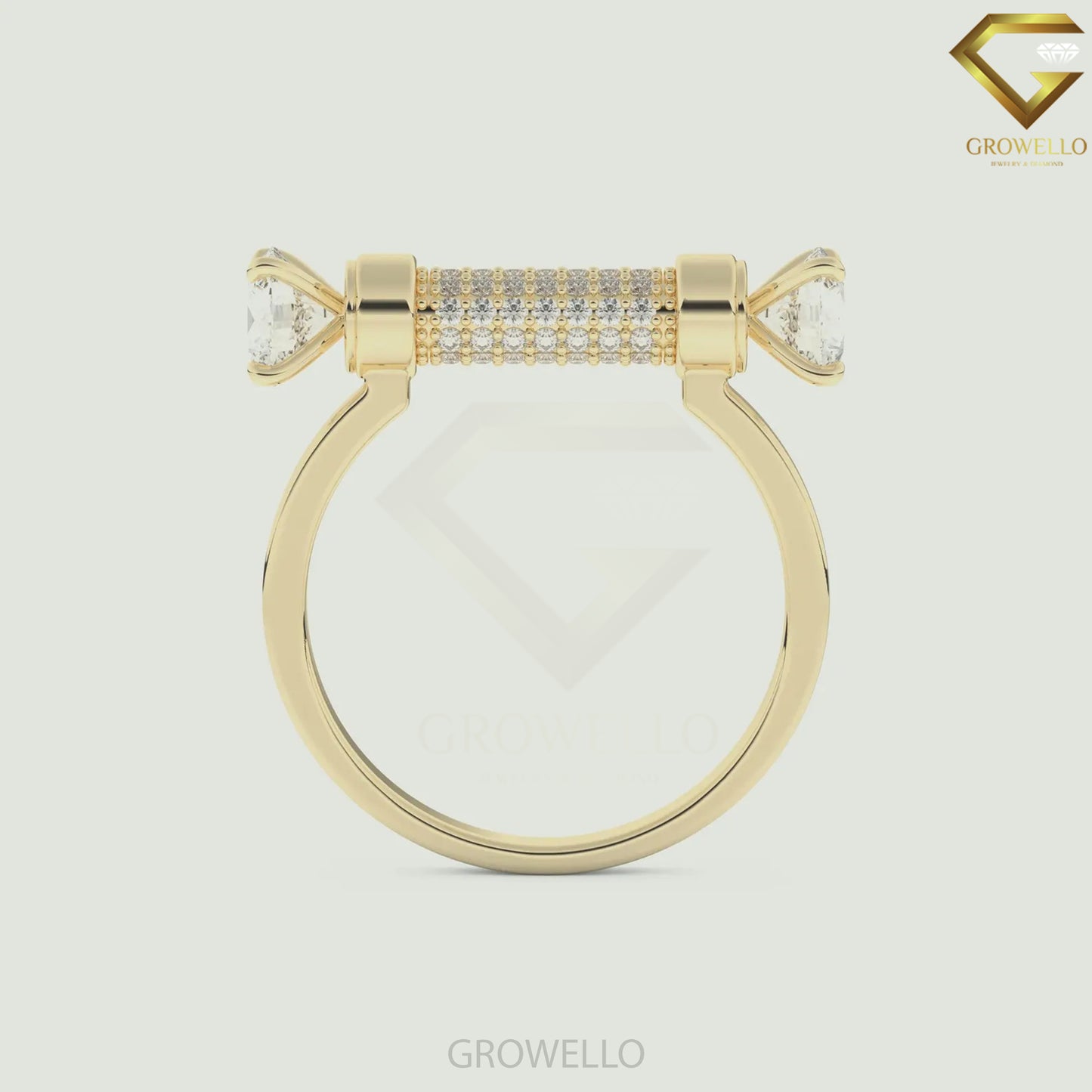 Toi et Moi Round Stone Pavé Bar Engagement Band, Solid Gold, Lab Grown Diamond or Moissanite