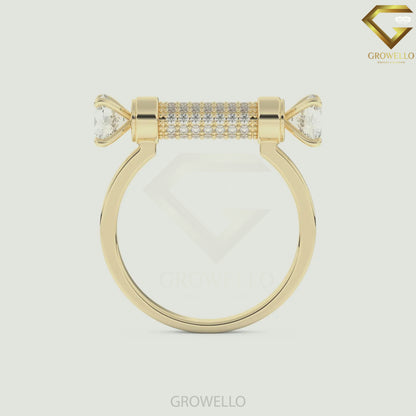 Toi et Moi Round Stone Pavé Bar Engagement Band, Solid Gold, Lab Grown Diamond or Moissanite