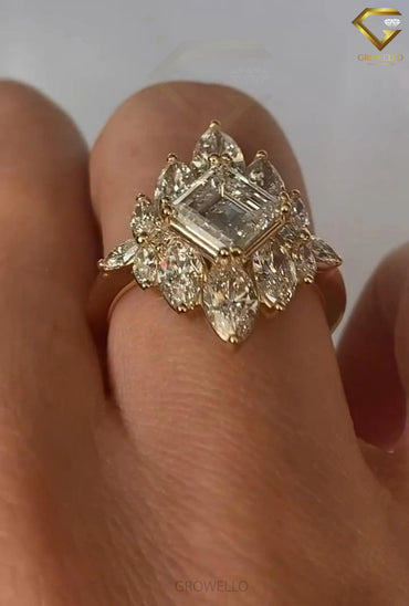 3CT Asscher Halo Engagement Ring, Vintage Marquise Cluster, Solid Gold, Lab Grown Diamond or Moissanite