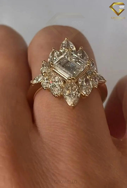 3CT Asscher Halo Engagement Ring, Vintage Marquise Cluster, Solid Gold, Lab Grown Diamond or Moissanite