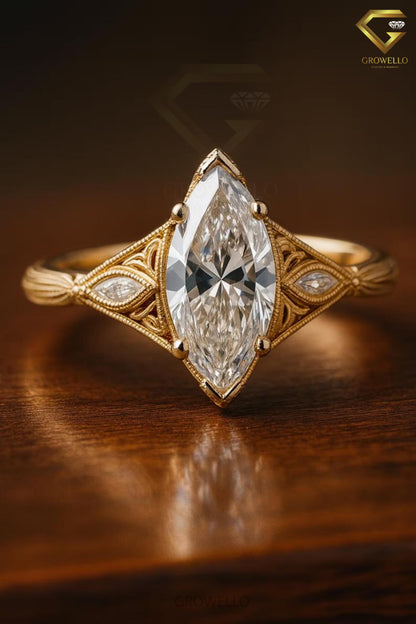3 CT Marquise Vintage Filigree Engagement Ring, Art Deco Antique Style, Solid Gold, Lab Diamond or Moissanite