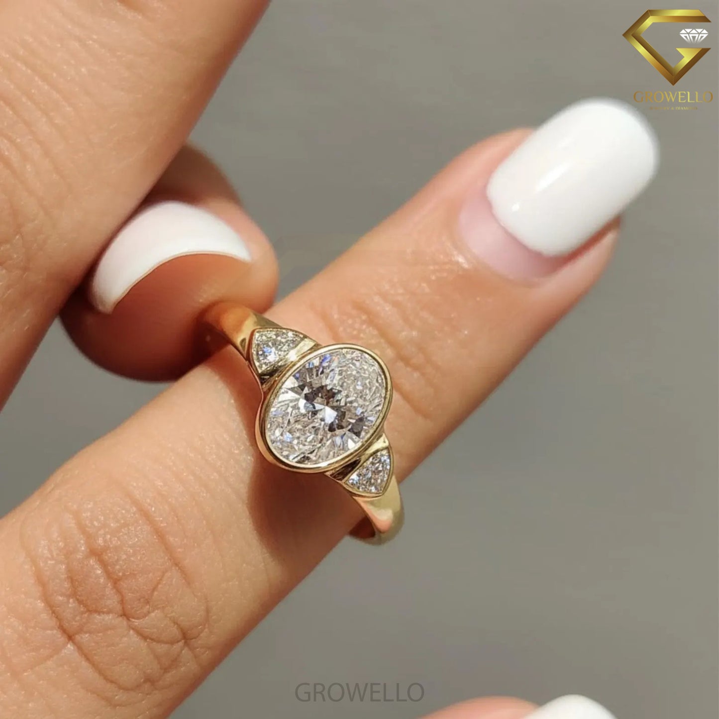 3CT Oval Three Stone Engagement Ring, Trillion Side Diamonds, Bezel Set, Solid Gold, Lab Grown Diamond or Moissanite