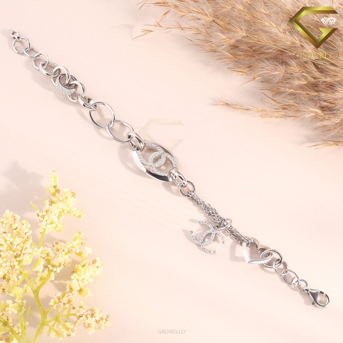 Luxury CC Style Diamond Bracelet, Chunky Chain Charm, Solid Gold, Lab Grown or Moissanite