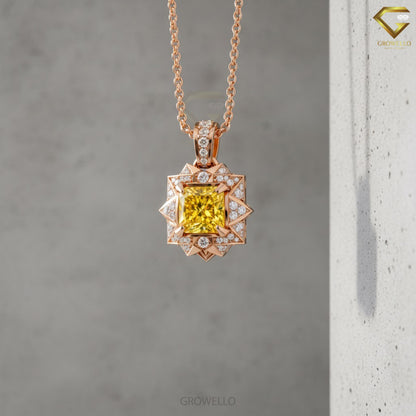 2CT Yellow Princess Cut Starburst Halo Pendant, Art Deco Geometric Necklace, Solid Gold, Lab-Grown Diamond or Moissanite