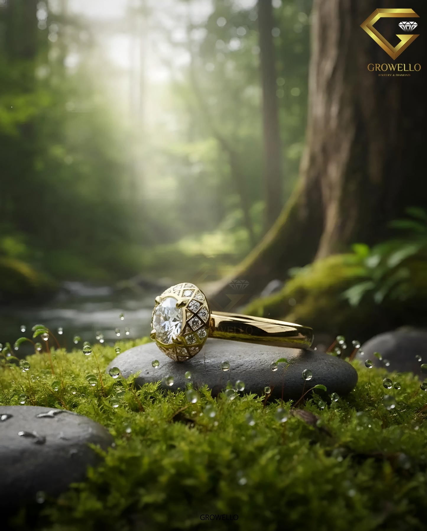 2CT Round Halo Engagement Ring, Geometric Vintage Dome Setting, Solid Gold, Lab Grown Diamond or Moissanite