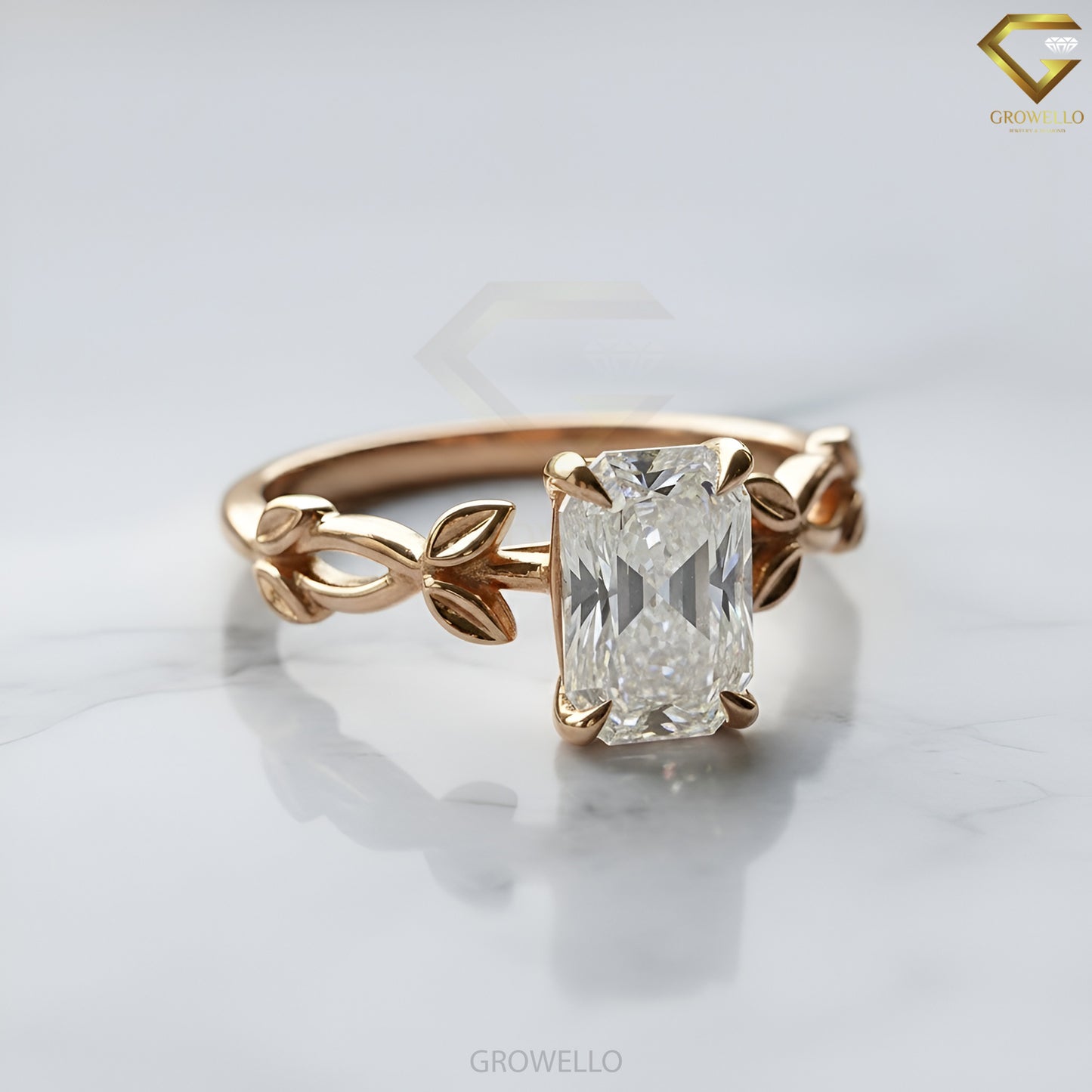 3CT Emerald Leaf Vine Engagement Ring, Nature Inspired, Solid Gold, Lab-Grown Diamond or Moissanite