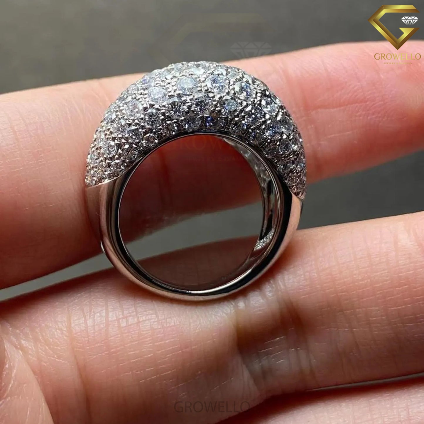 Pave Diamond Dome Engagement Ring, Wide Band, Solid Gold, Lab Grown or Moissanite Diamond
