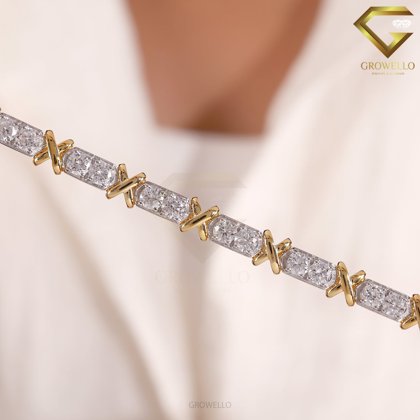 Round Diamond Link Bracelet, X Wrap Design, Solid Gold, Lab Grown Diamond or Moissanite
