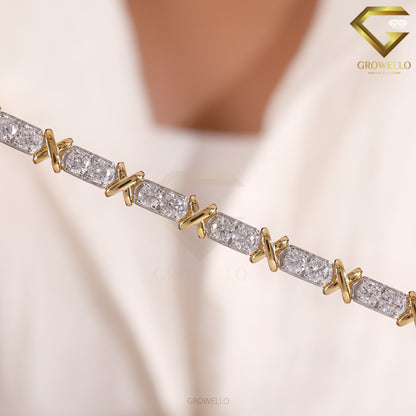 Round Diamond Link Bracelet, X Wrap Design, Solid Gold, Lab Grown Diamond or Moissanite