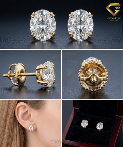 3 CT Oval Diamond Stud Earrings, Solitaire Prong, Solid Gold, IGI Lab Grown Diamond or Moissanite