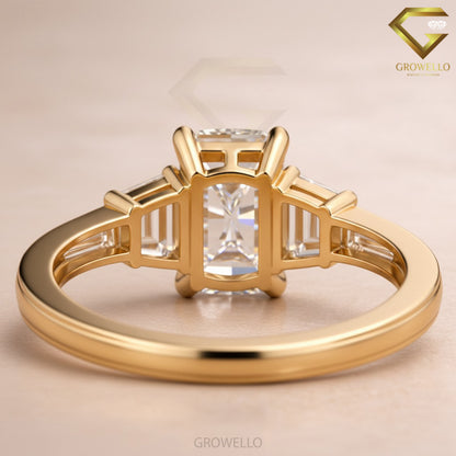 3 CT Radiant Cut Trapezoid Side Stone Engagement Ring, Solid Gold, IGI Lab Diamond or Moissanite
