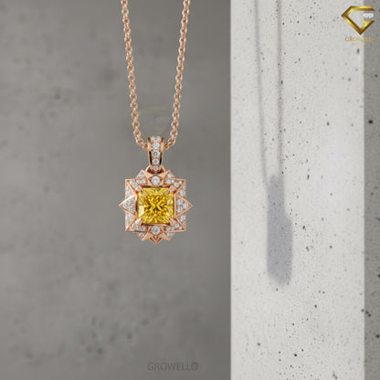 2CT Yellow Princess Cut Starburst Halo Pendant, Art Deco Geometric Necklace, Solid Gold, Lab-Grown Diamond or Moissanite