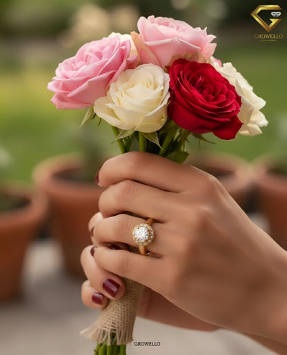 2CT Round Halo Engagement Ring, Geometric Vintage Dome Setting, Solid Gold, Lab Grown Diamond or Moissanite