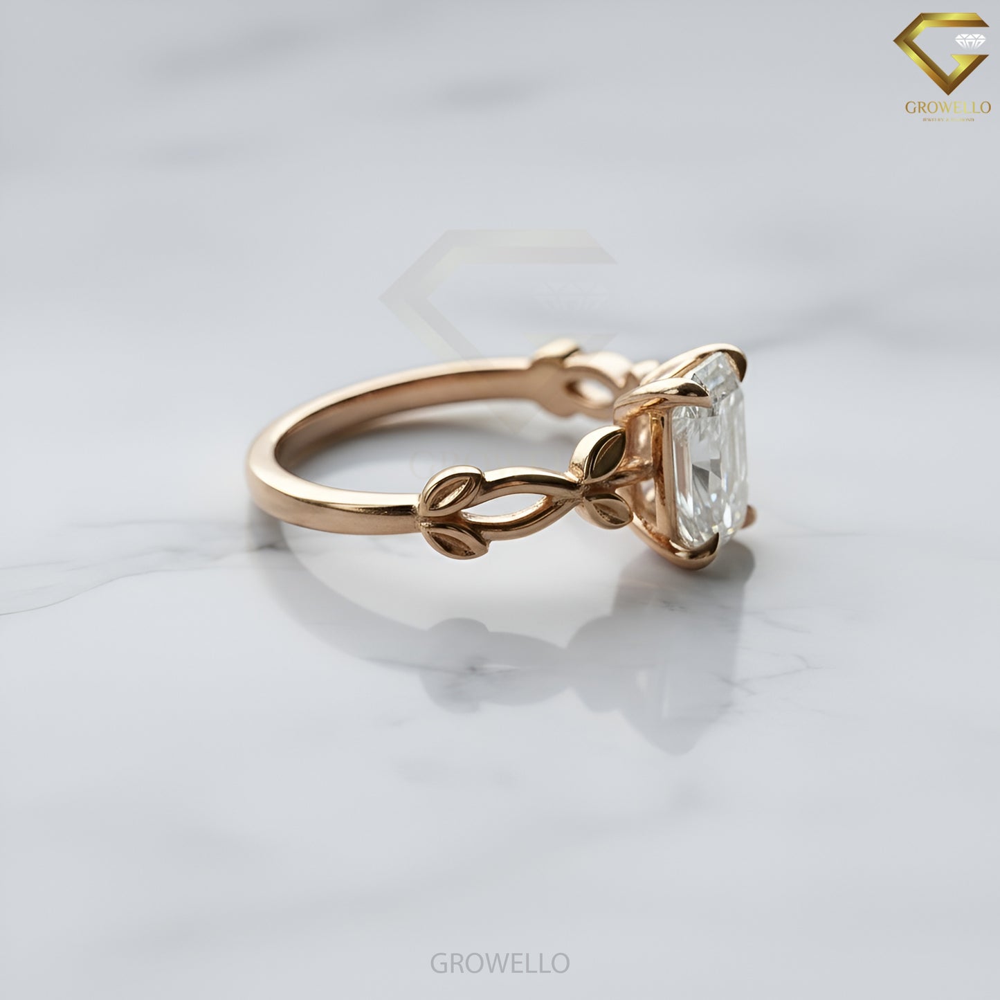 3CT Emerald Leaf Vine Engagement Ring, Nature Inspired, Solid Gold, Lab-Grown Diamond or Moissanite