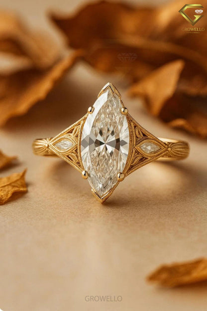 3 CT Marquise Vintage Filigree Engagement Ring, Art Deco Antique Style, Solid Gold, Lab Diamond or Moissanite