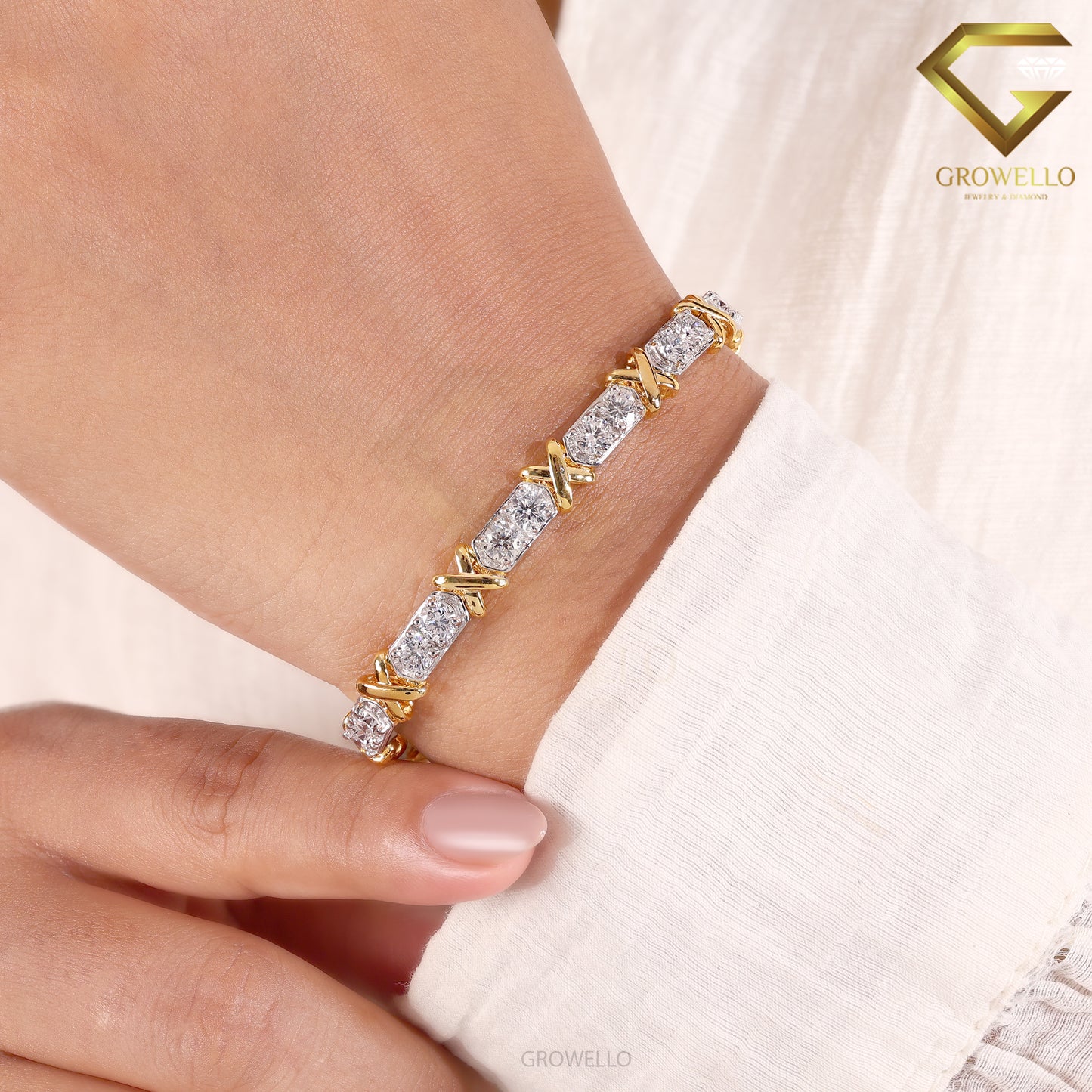 Round Diamond Link Bracelet, X Wrap Design, Solid Gold, Lab Grown Diamond or Moissanite