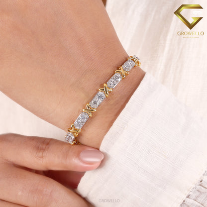 Round Diamond Link Bracelet, X Wrap Design, Solid Gold, Lab Grown Diamond or Moissanite