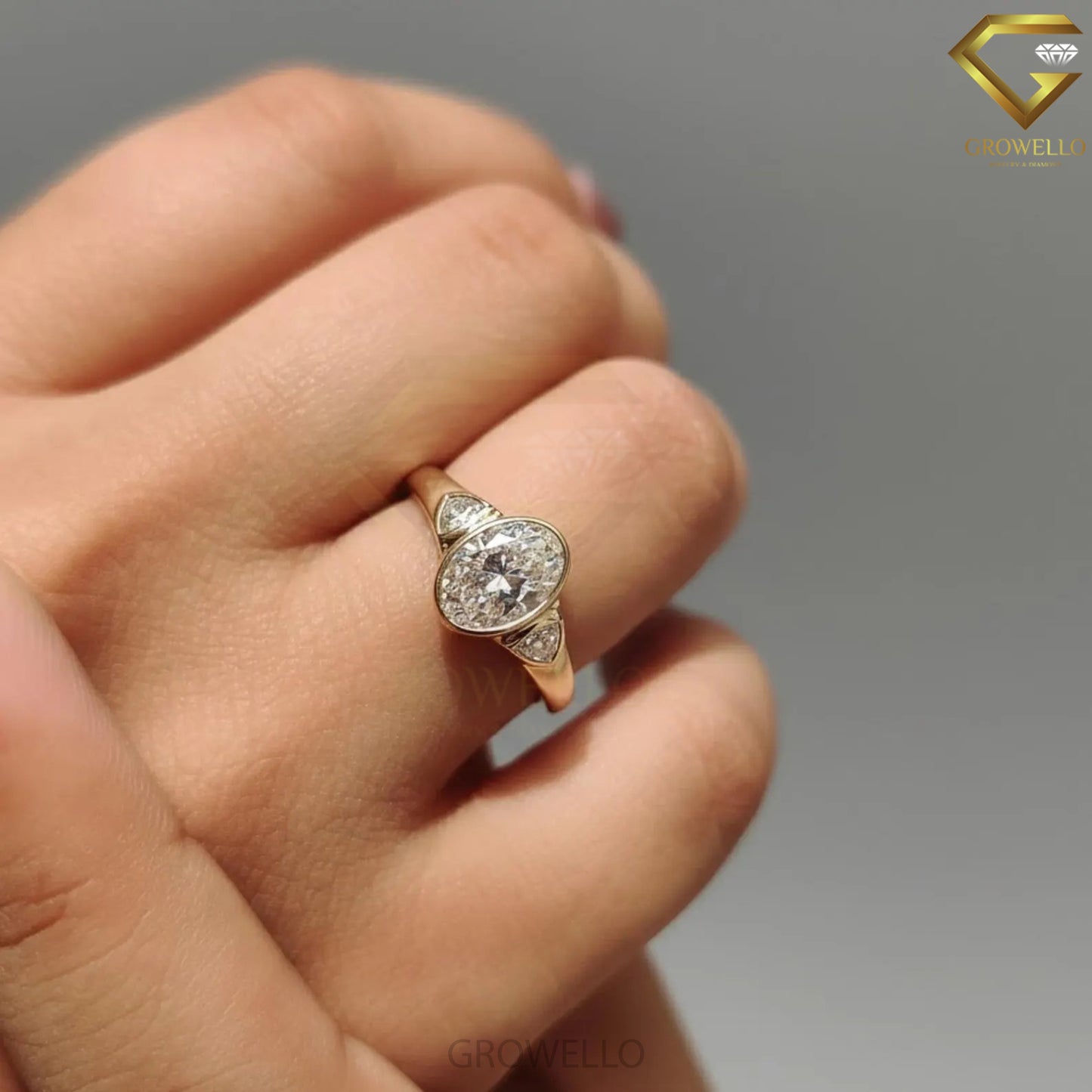 3CT Oval Three Stone Engagement Ring, Trillion Side Diamonds, Bezel Set, Solid Gold, Lab Grown Diamond or Moissanite