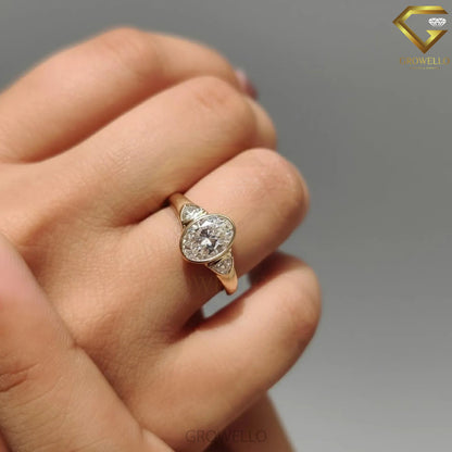 3CT Oval Three Stone Engagement Ring, Trillion Side Diamonds, Bezel Set, Solid Gold, Lab Grown Diamond or Moissanite
